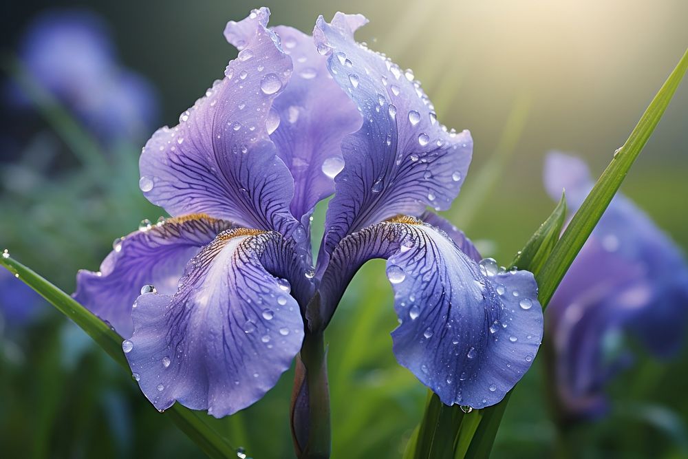 Iris with dew droplets blossom nature flower.