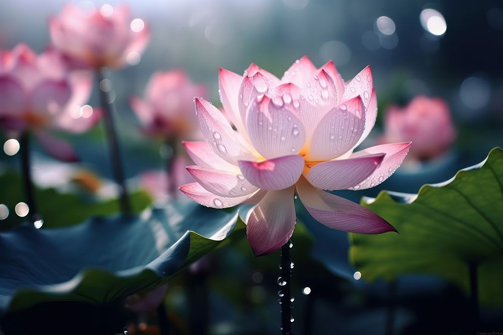 Lotus with dew droplets outdoors blossom nature.