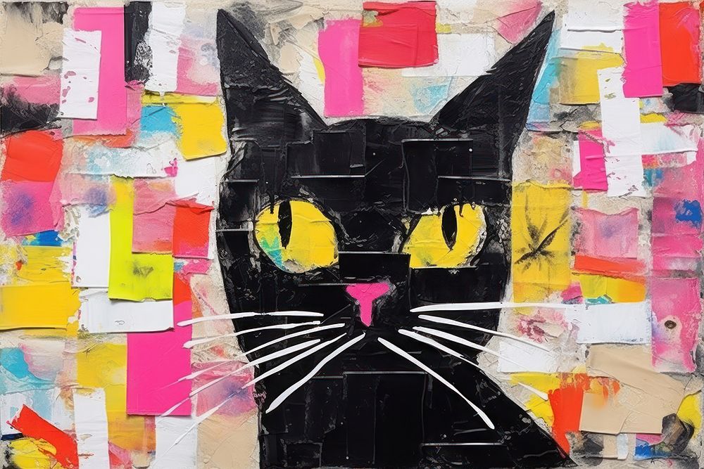 Minimal simple cat collage art painting.