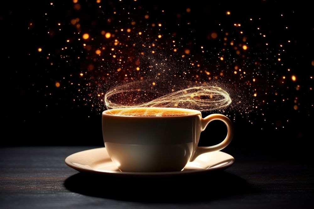 Coffee cup sparkle light glitter saucer sparks drink.