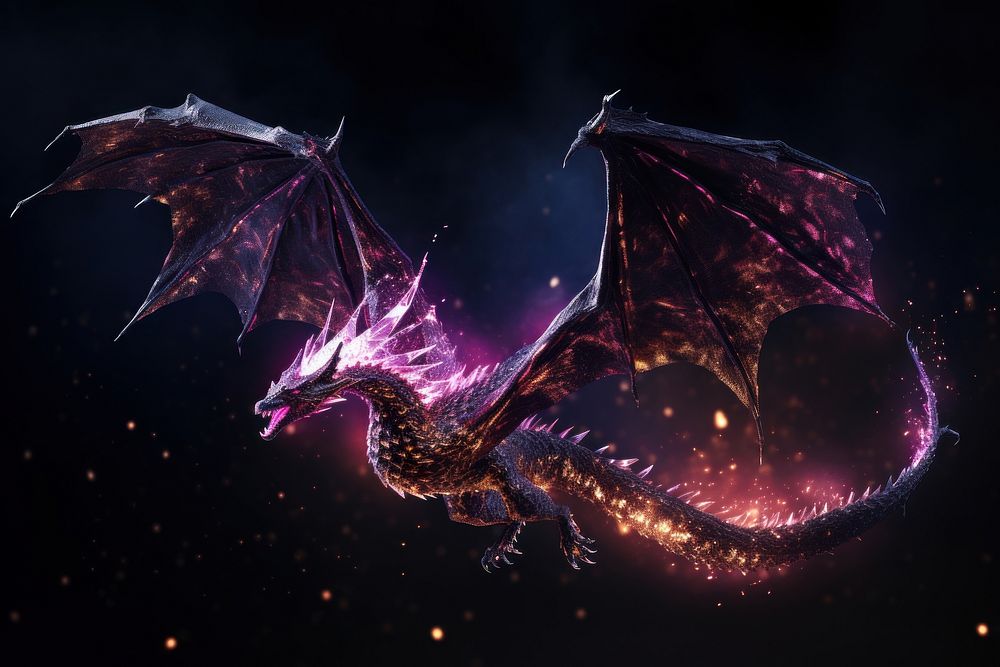 Dragon flying sparkle light glitter animal illuminated darkness.
