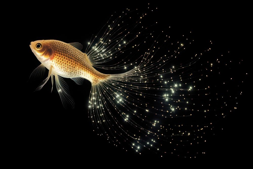Fish shape sparkle light glitter animal black background illuminated.