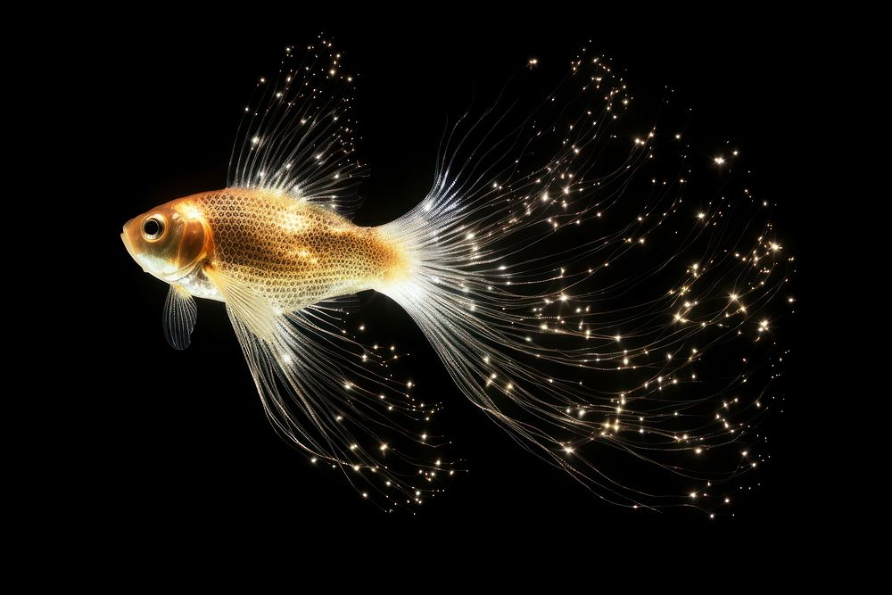 Fish shape sparkle light glitter animal sparks black background.