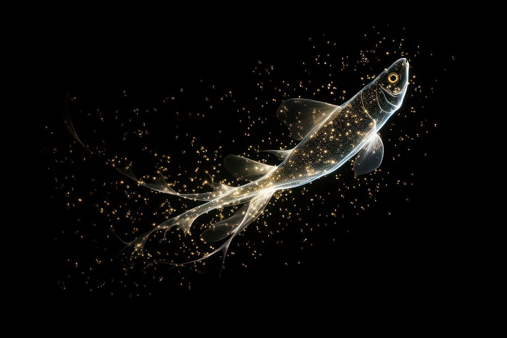 Fish shape sparkle light glitter animal star black background.