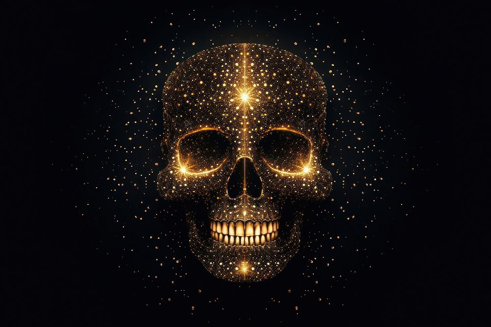 Skull icon shape sparkle light glitter gold illuminated celebration.