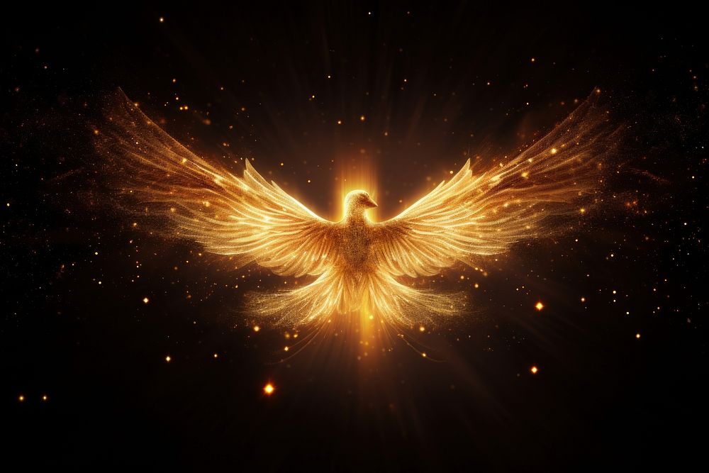 Phoenix bird flying sparkle light angel night gold.