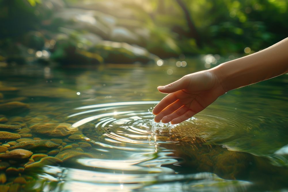 Hand touching water nature outdoors tranquility.