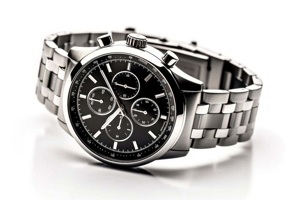 Wrist watch with stainless steel wristwatch black white background.