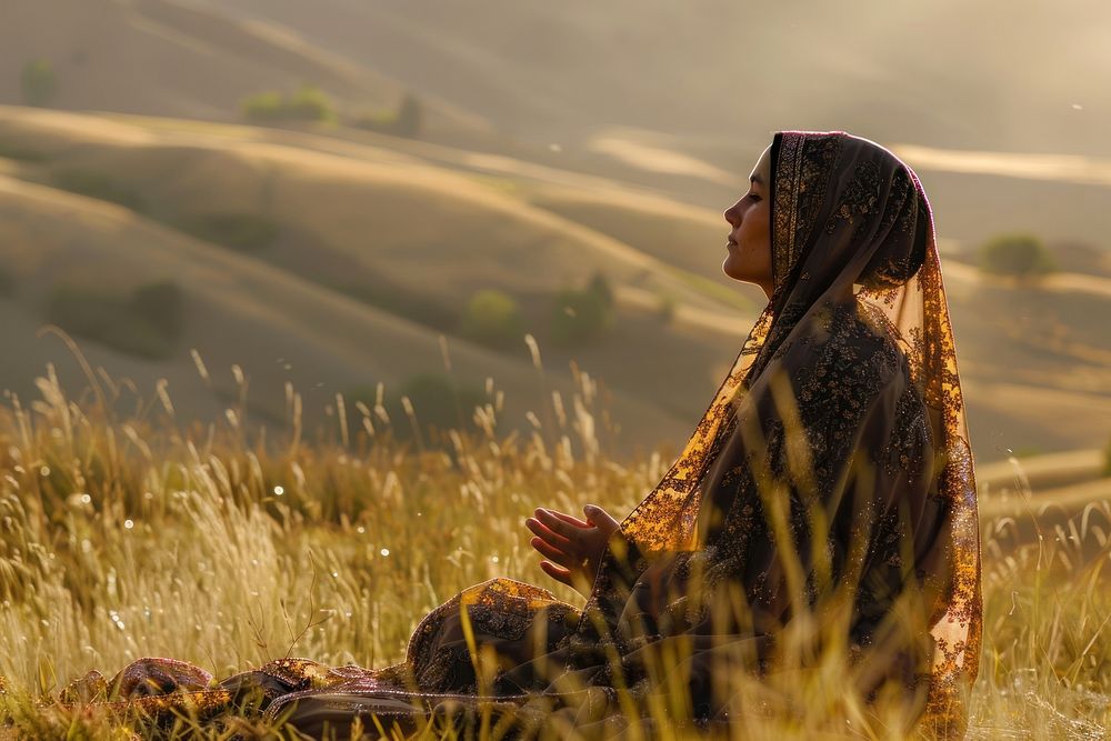 Muslim woman pray outdoors sitting adult.