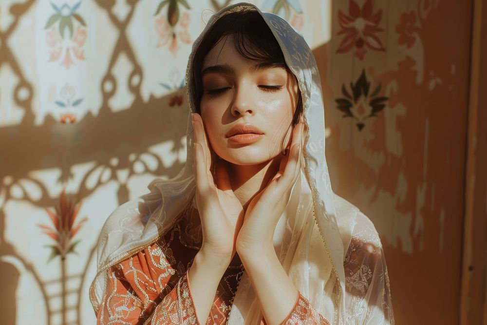 Muslim woman pray portrait fashion photo.