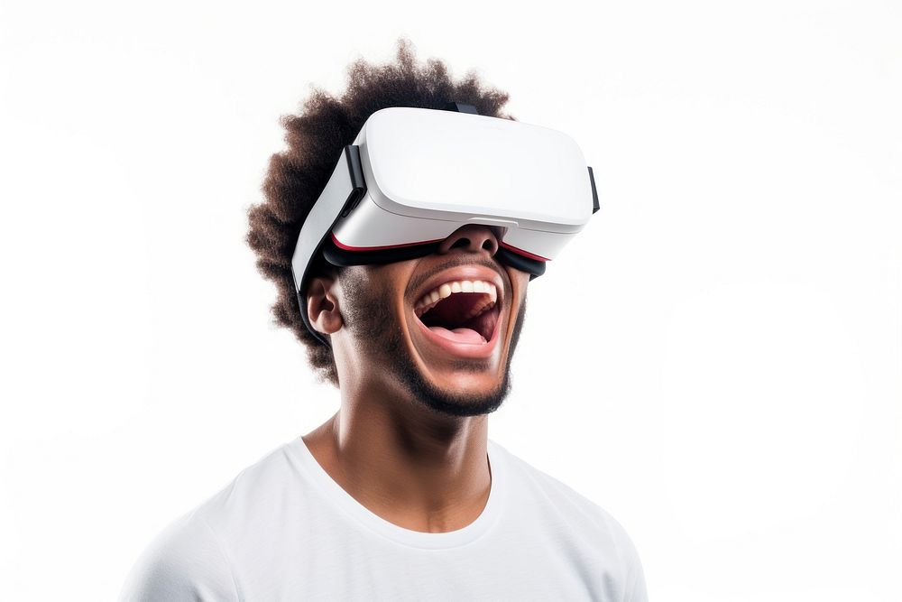 VR-headset smiling human white background.