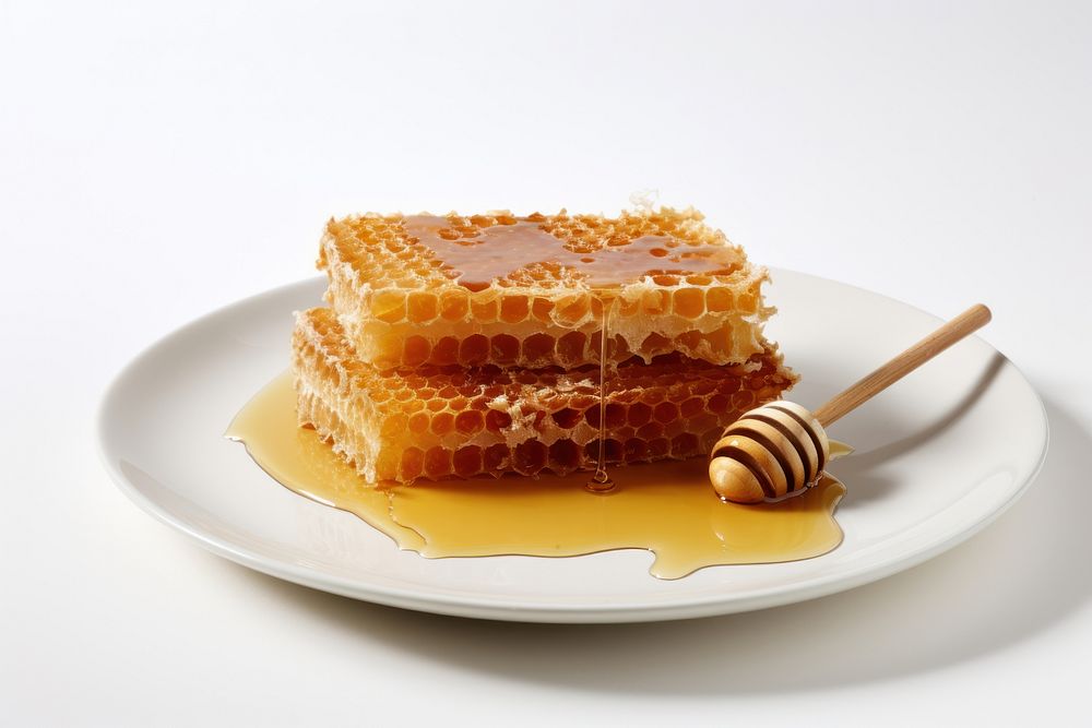 Honey comb on plate honeycomb food apiculture.