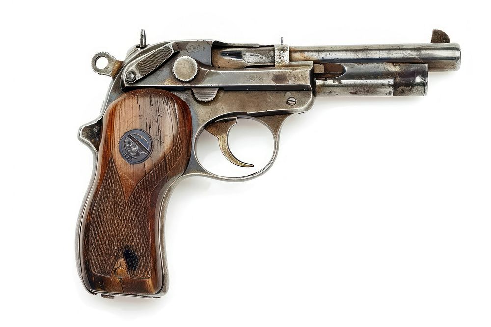Vintage gun handgun weapon white background.