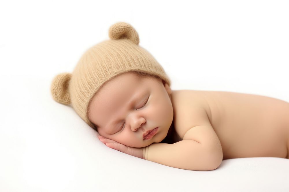 Full body sleeping newborn baby portrait photo white background.