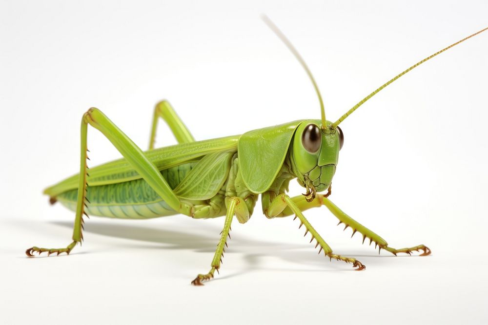 Green grasshopper animal insect white background.