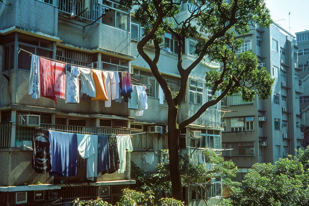 Hong kong street architecture building laundry.