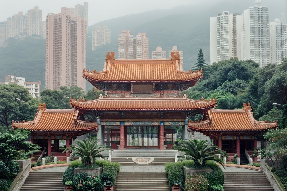 Hong kong temple architecture cityscape building.