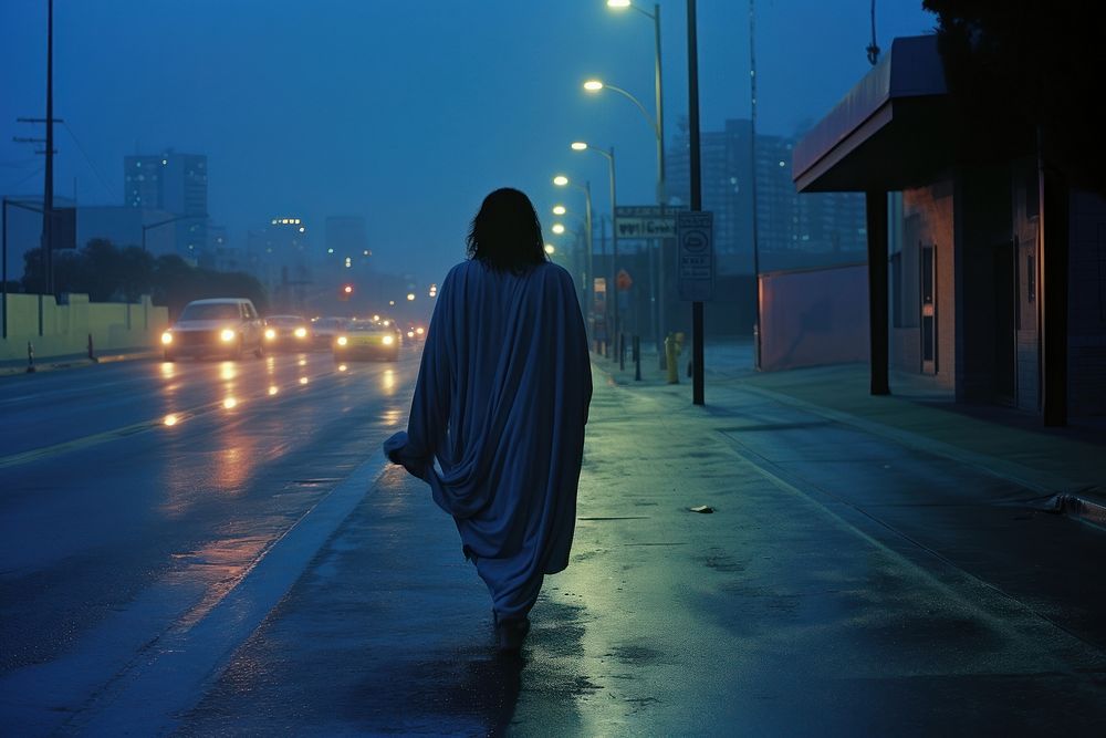 Jesus Chris walking in California street outdoors night adult.
