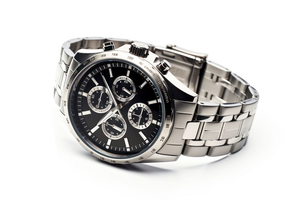 Man wrist watch wristwatch steel white background.
