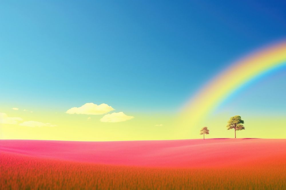 Photo of rainbow landscape field sunlight.
