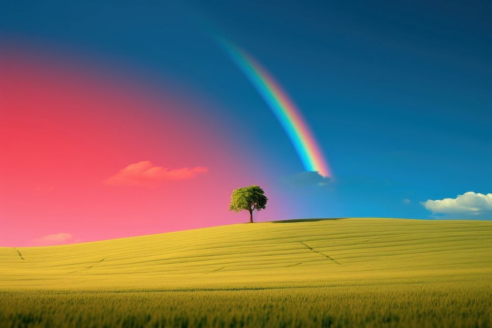 Photo of rainbow landscape field grassland.