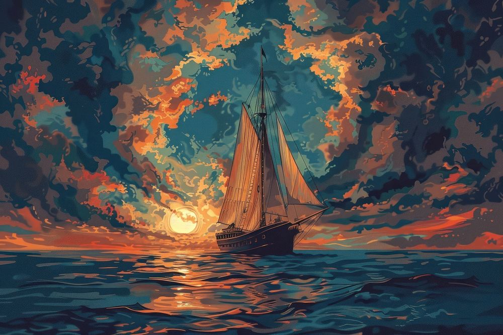 Sunset painting boat sailboat.