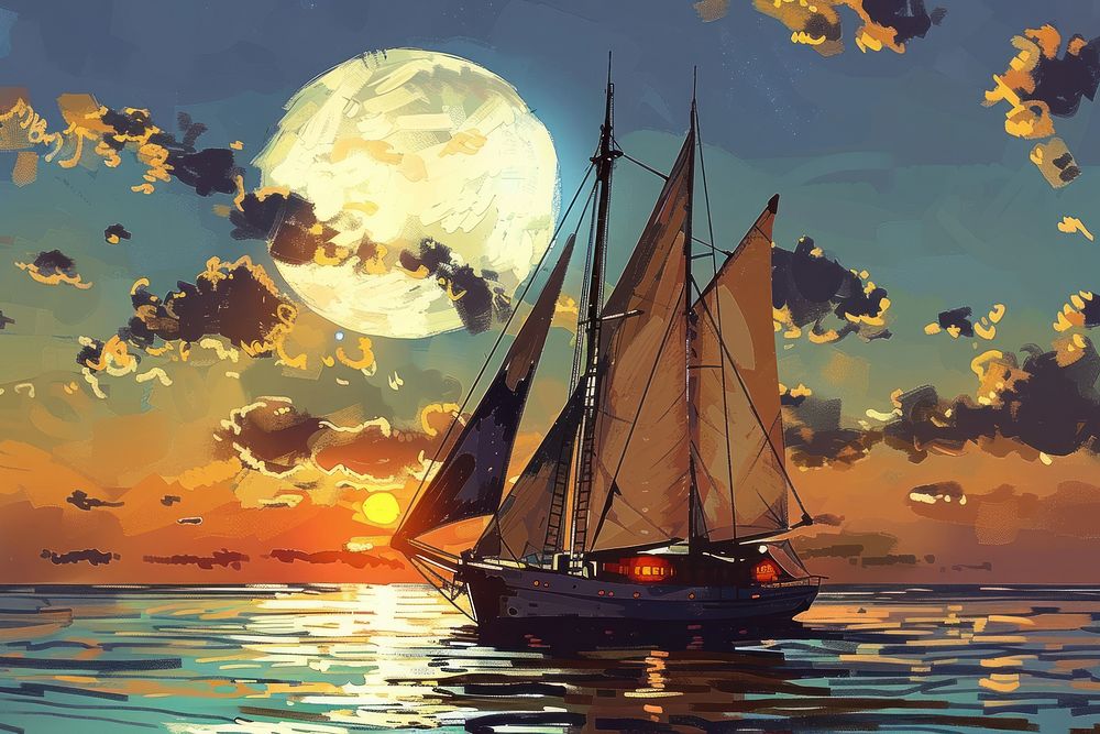 Sunset painting boat watercraft.