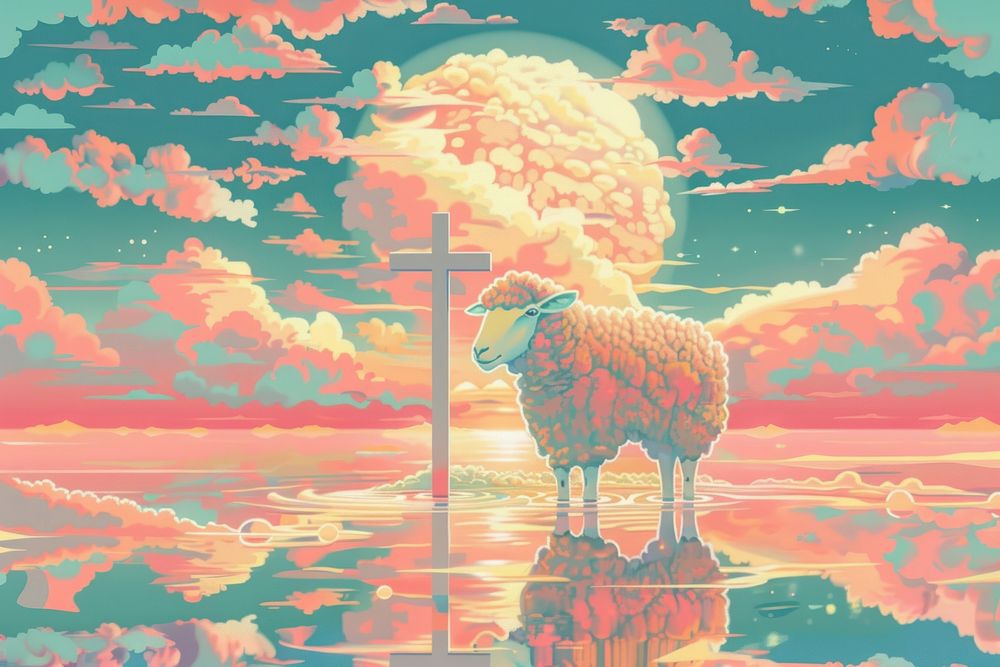 Sheep reflection outdoors painting.