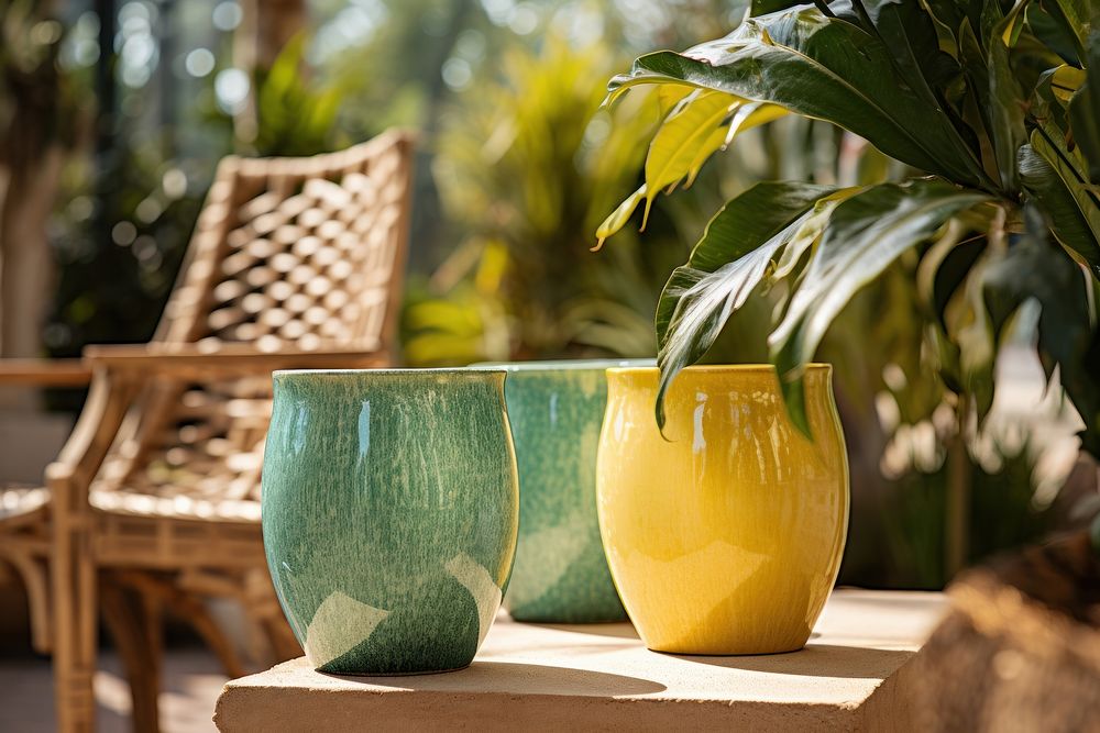 Garden interior plant pottery table.