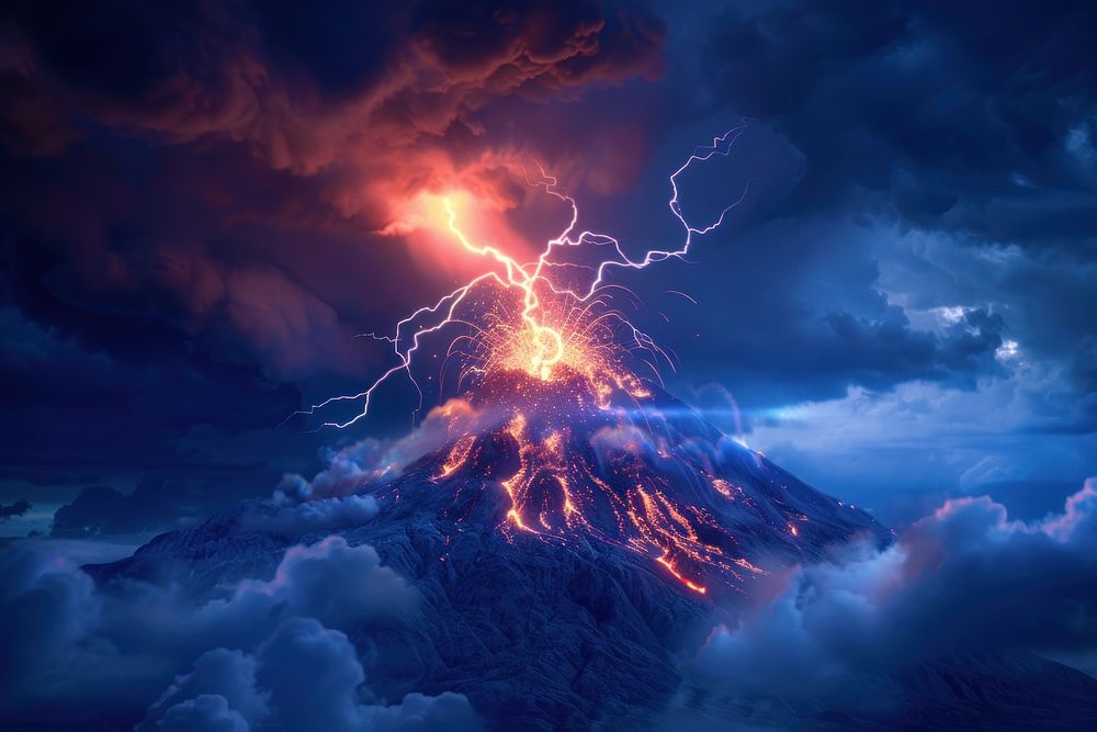 Volcano lightning thunderstorm mountain.