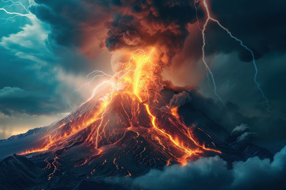 Volcano lightning mountain outdoors.