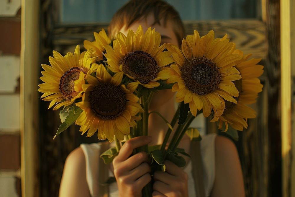 Sunflowers holding person plant.