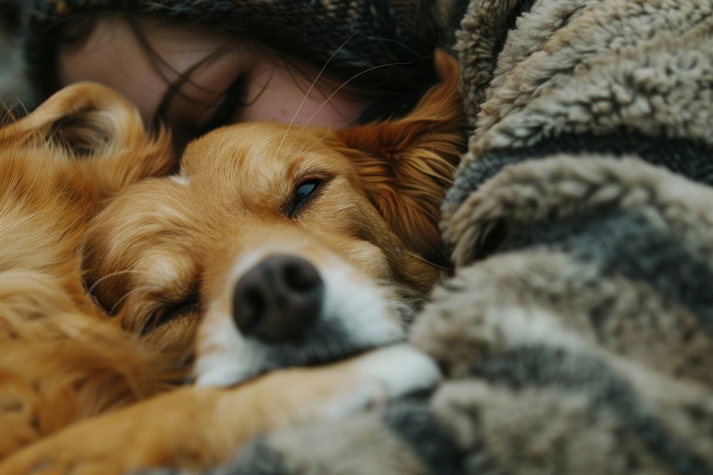 Person hugging a dog sleeping blanket mammal.