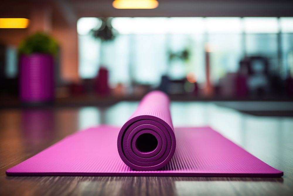 Yoga mat purple gym exercising.