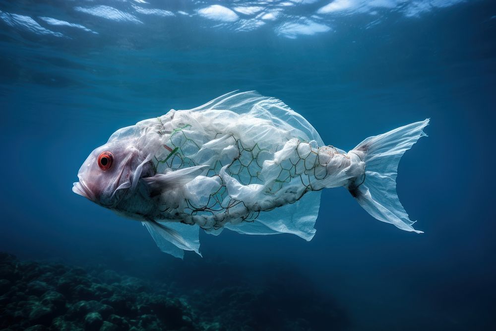 Plastic ocean fish underwater.