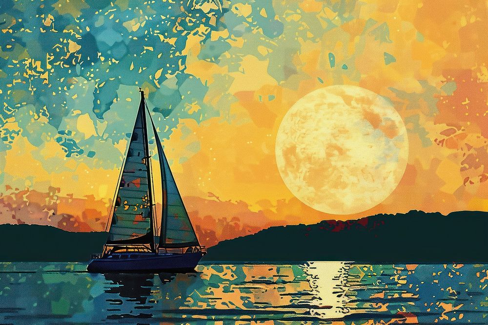 Sunset boat watercraft sailboat.