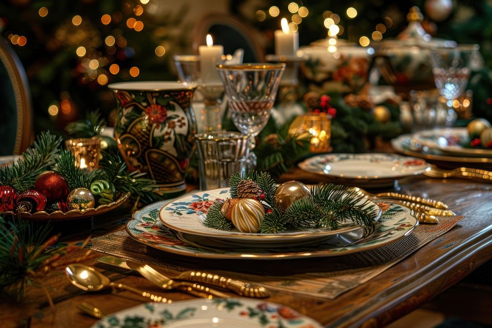 Dinner in christmas table candle plate.