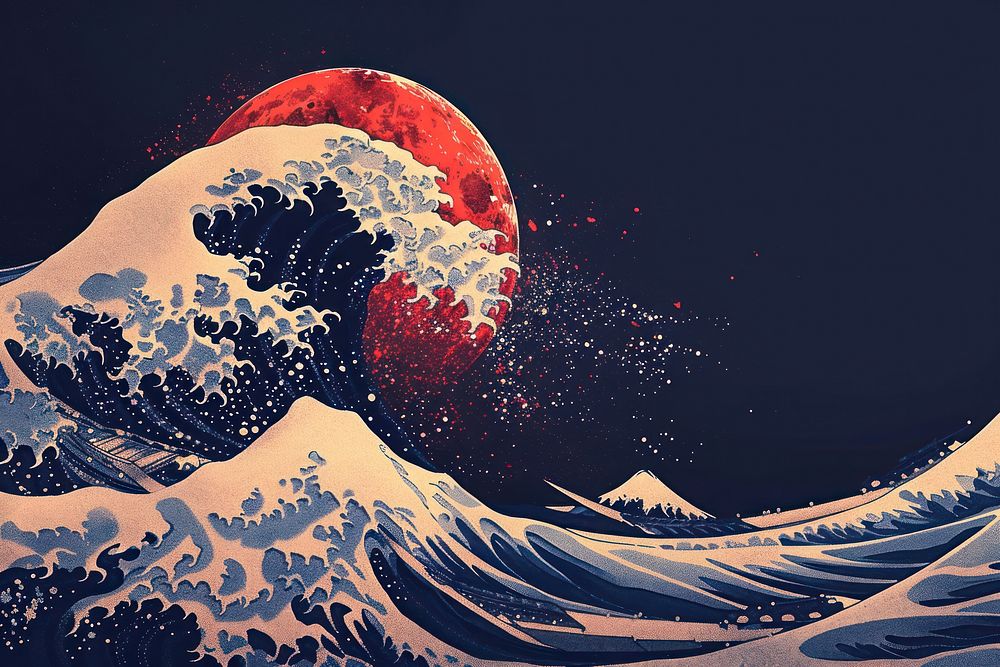 Japanese wave nature ocean moon.