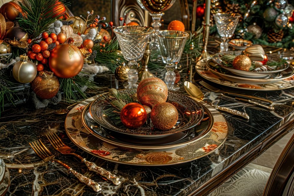 Christmas dinner table furniture plate.