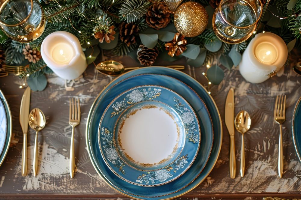 Christmas dinner setting table plate.