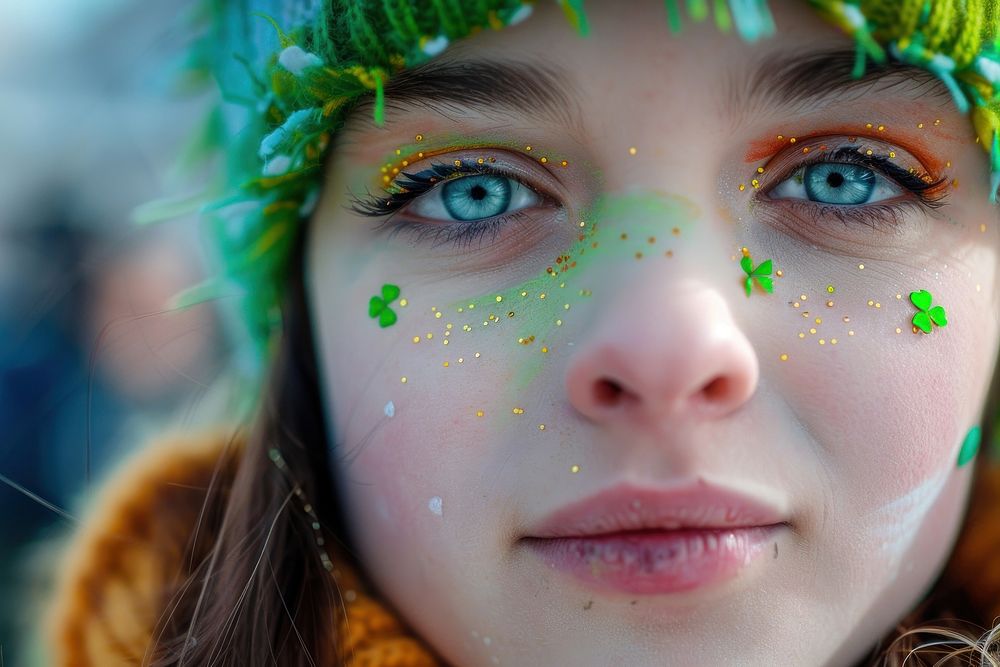 Woman paint her face with tiny clover portrait photo day.