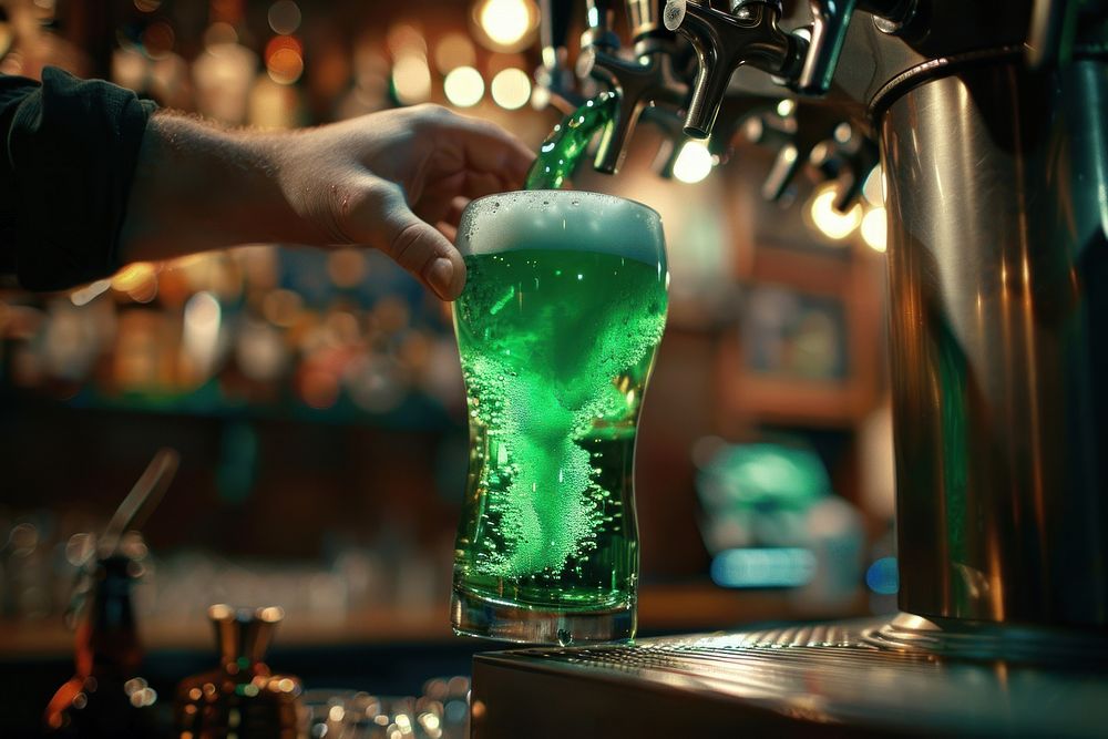 Hand holding beer glass to pour green beer from drink machine bar refreshment bartender.