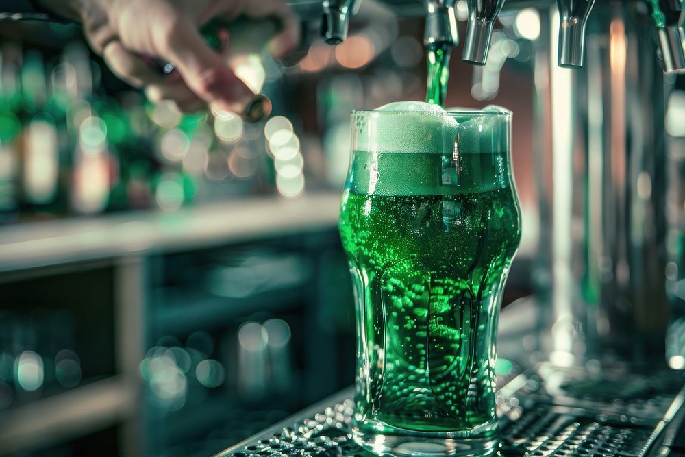 Hand holding beer glass to pour green beer from drink machine bar architecture refreshment.