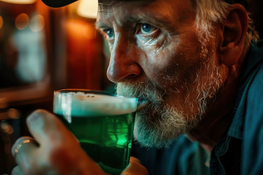 Irish man drinking green beer adult glass bar.