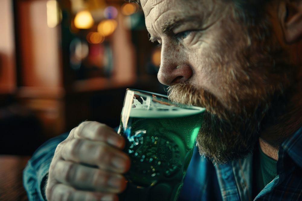 Irish man drinking green beer glass adult bar.