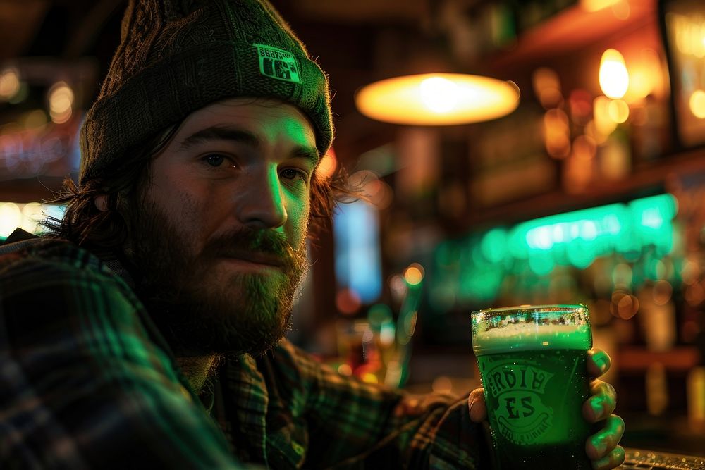 Irish man drinking green beer portrait adult beard.