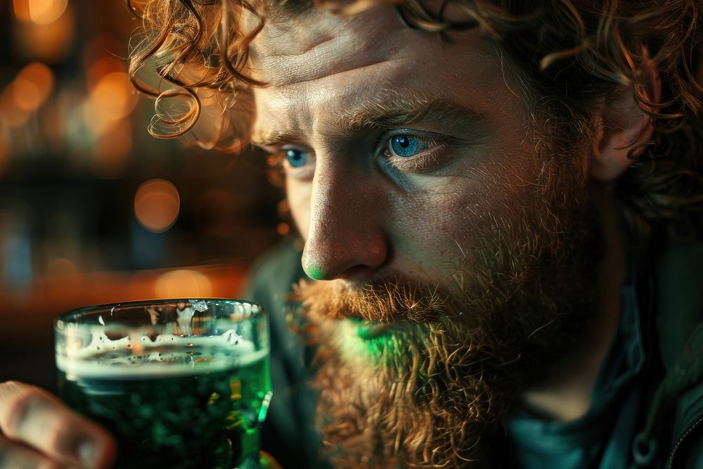 Irish man drinking green beer portrait glass adult.