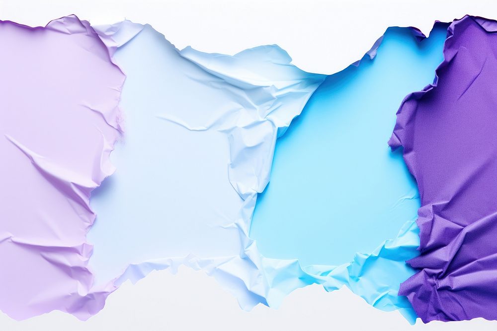 Torn strip of blue and purple paper border backgrounds white background splattered.