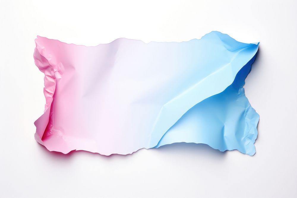 Torn strip of pink and blue paper white background crumpled abstract.