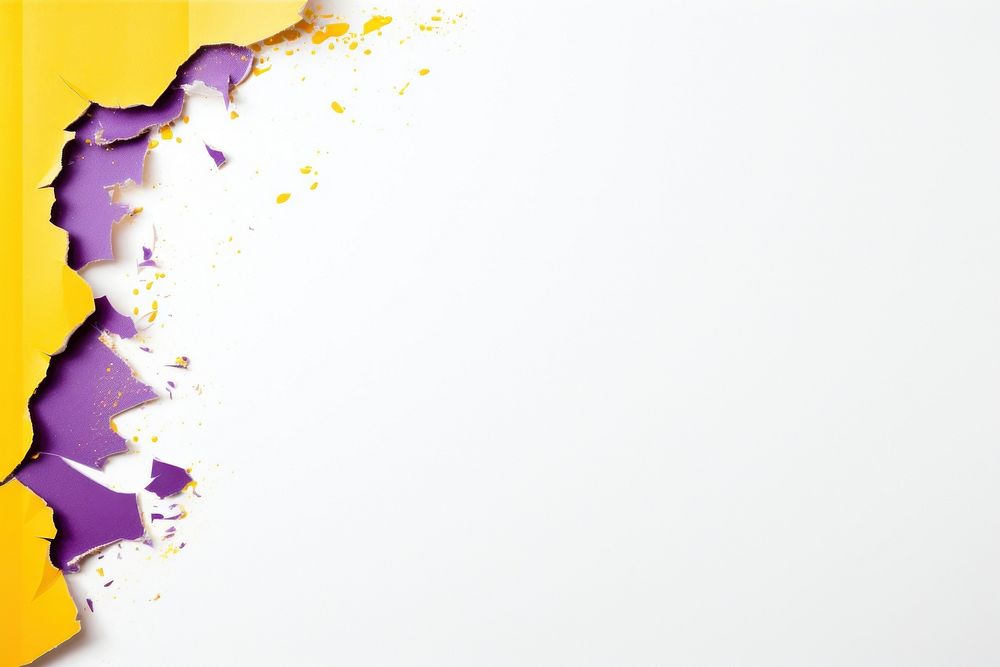 Torn strip of purple and yellow paper border backgrounds white background splattered.
